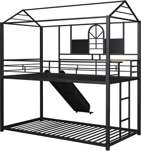 Vista 6 de Litera de metal individual sobre individual con escalera, litera de metal con tobogán para dormitorio de niños (casa negra con tobogán)