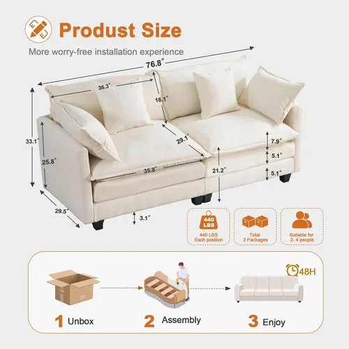 Vista 2 de Juego de sofá de felpilla Cloud de 77 pulgadas con almohadas, sofá biplaza de asiento profundo para apartamentos, ahorro de espacio de 2 plazas