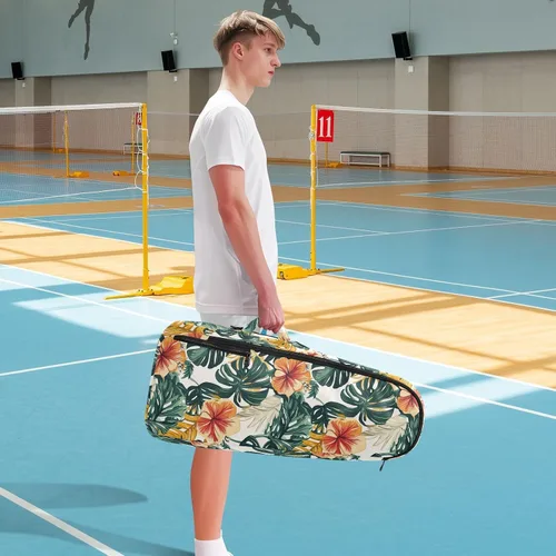 Vista 8 de Unisex Tennis Bag Lightweight Tropical Style Green Leaves Red Flower Zipper Tennis Bag Gym Bag for Women, Men, Teenagers raquetas de tenis