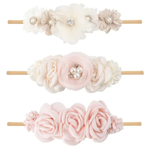 Vista 7 de Diadema floral de nailon para bebé, corona de flores, banda elástica para el cabello, 3 piezas, accesorios para el cabello, regalo para niñas, 2#