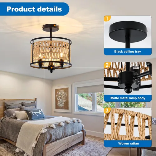 Vista 3 de Lámpara de techo de ratán de 3 luces, de 11 pulgadas, estilo bohemio, semiempotrada, lámpara de techo negra tejida a mano para casa de campo