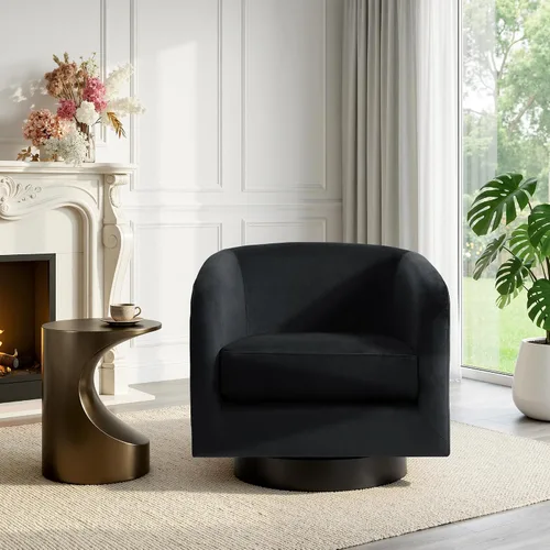 Vista 38 de Silla Giratoria de Acento de Cuero Sintético con Base de Madera, Sillas de Barril Tapizadas Modernas para Sala de Estar, Cómodo Sillón Redondo Sofá