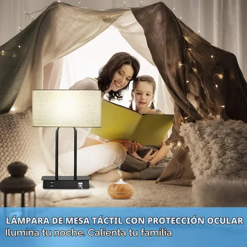 Vista 9 de Lámpara de mesa con control táctil y puertos de carga USB duales, 1 salida de CA, lámpara de mesita de noche moderna regulable de 3 vías con Crema