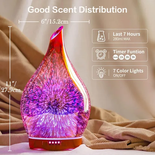 Vista 3 de Porseme Difusor de Aceite Esencial de 280ml, Difusor de Aroma 3D de Vidrio Soplado a Mano, Difusor Ultrasónico de Aromaterapia de Niebla Fresca