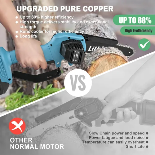 Vista 2 de Mini motosierra inalámbrica de 6 pulgadas con 2 baterías alimentada por 40V sierra eléctrica de cadena con bloqueo de seguridad, motosierra pequeña