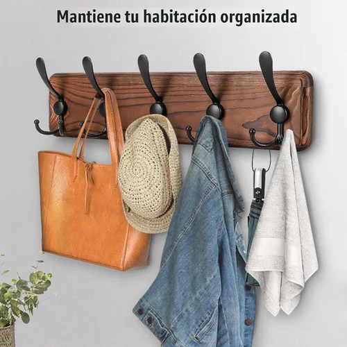 Vista 3 de Gohiuo Perchero Rústico para Montaje en Pared, Ganchos de Pared de Madera con 5 Ganchos Triples, Perchero de Madera Resistente para Colgar