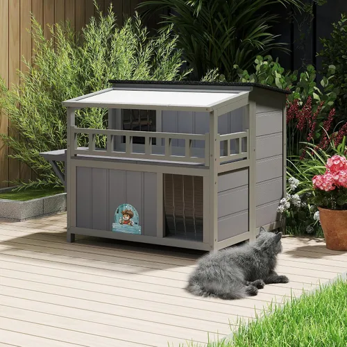 Vista 2 de Refugio para gatos de madera cálida de 2 niveles con techo de luz solar, casa para gatos al aire libre, balcón, plataformas de salto, recinto