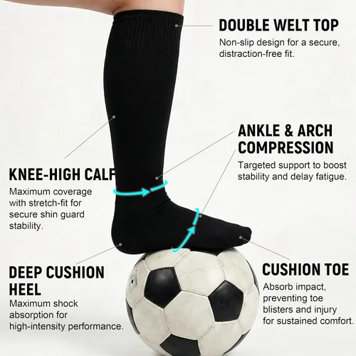 Vista 5 de Cushioned Knee High Soccer Softball Socks 2 Pairs Youth Adult Negro
