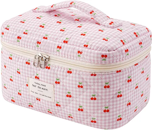 Vista 31 de uekeboag - Bolsa de maquillaje grande de viaje acolchada para mujer, neceser de algodón con estampado floral, neceser con estampado floral