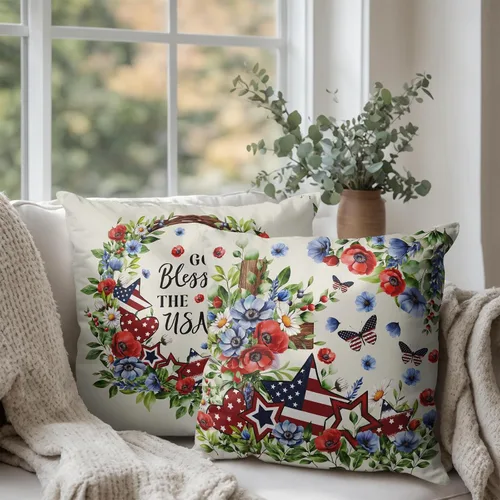Vista 3 de Juego de 2 fundas de almohada de 16 x 16 pulgadas con diseño patriótico floral y estrellas de la independencia del Día de los Caídos, fundas