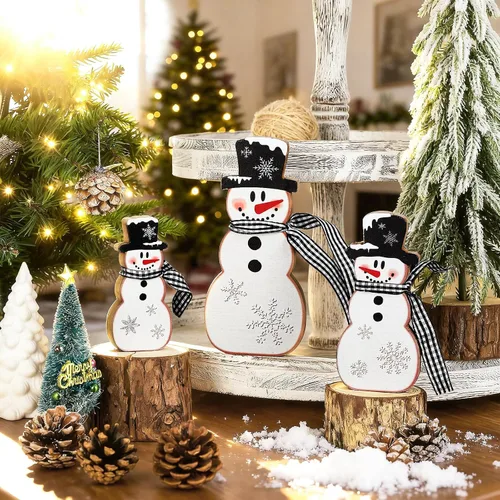 Vista 6 de 3 piezas de decoración de mesa de Navidad con muñeco de nieve, muñeco de nieve de madera, centros de mesa de invierno, letrero de mesa de madera