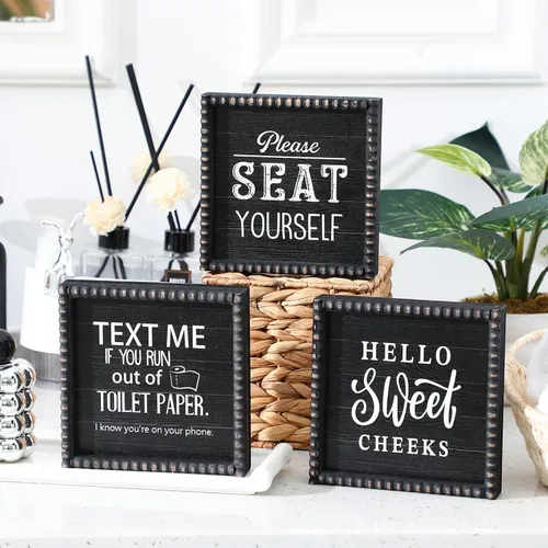Vista 3 de Yousoontic 3 piezas divertidas de decoración de madera para baño, texto "Please Text Me If You Run out of the Toilet Paper Sign Seat Yourself Sign