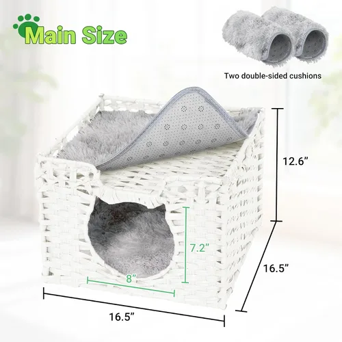 Vista 2 de Cueva de ratán tejida a mano para gatos con dos cojines, camas para gatos, casa de gatitos interior, impermeable y plegable, color blanco, 16.5