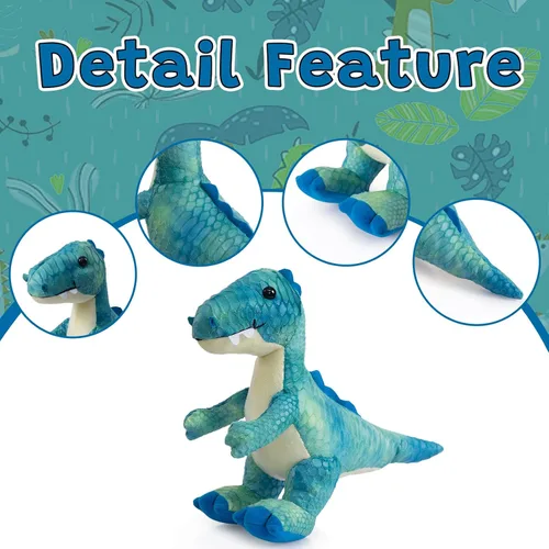 Vista 5 de HollyHOME Juguete de dinosaurio T-Rex de peluche con escamas texturizadas suaves y realistas, lindo regalo de dinosaurio para niños, azul y blanco