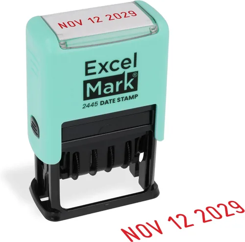 Vista 16 de ExcelMark 2445 sello de fecha: perfecto para envío, recepción, vencimiento y fechas de vencimiento (tinta azul, soporte violeta)