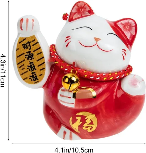 Vista 8 de Tofficu Adorable banco de monedas de cerámica roja de gato de la suerte, decoración de Feng Shui, bonita decoración de habitación, gato chino