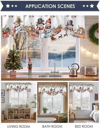 Vista 6 de Cenefa de amarre de muñeco de nieve de dibujos animados para ventanas de cocina, bolas de Navidad, ramas de hojas, cenefas de cortina de 42 x 12