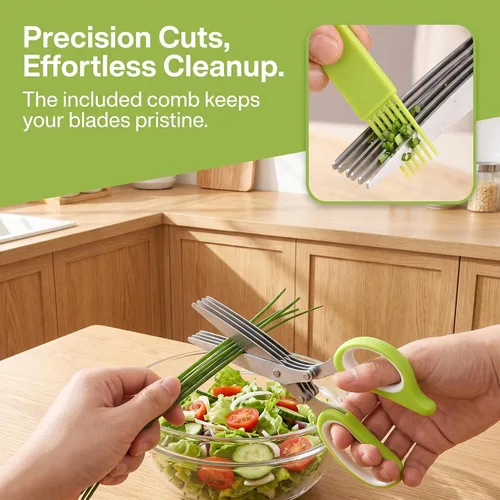 Vista 5 de 5 Blade Herb Scissors with Cleaning Comb, Thickened Stainless Steel Kitchen Herb Shears for Fresh Herbs, Green Onions and Seaweed (3PCS)