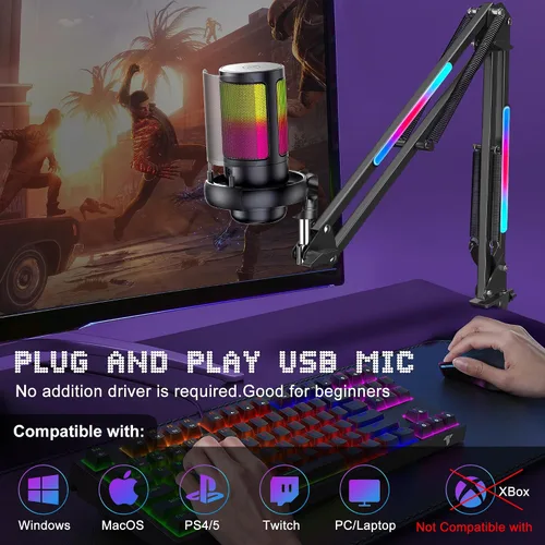Vista 7 de KingSom Micrófono USB para juegos, micrófono condensador de cancelación de ruido con brazo de brazo RGB, micrófonos para podcast RGB
