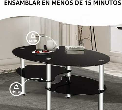 Vista 6 de Mesa de café de cristal S AFSTAR, mesa central de té de 3 niveles moderna ovalada de vidrio liso con estante de almacenamiento abierto, mesa