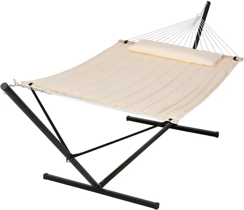 Vista 10 de SUNCREAT Hammocks Hamaca doble extragrande con soporte de 12 pies, capacidad de 475 libras, hamaca portátil al aire libre con barra separadora