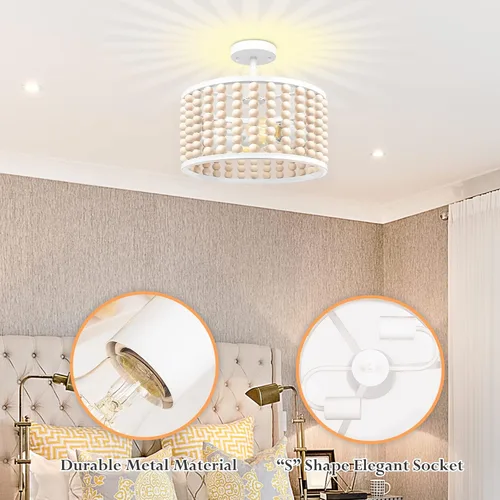 Vista 3 de Candelabro Bohemio de Cuentas de Madera Blanca - Moderna Lámpara de Techo para Guardería, Luz de Montaje Semiempotrado con Cuentas, Luces