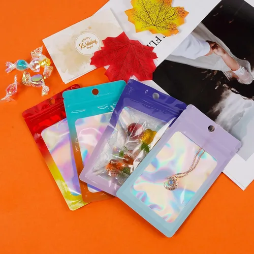 Vista 6 de Paquete de 400 bolsas holográficas de Mylar resellables de 4 tamaños, bolsas para almacenamiento de alimentos, a prueba de olores, con ventana