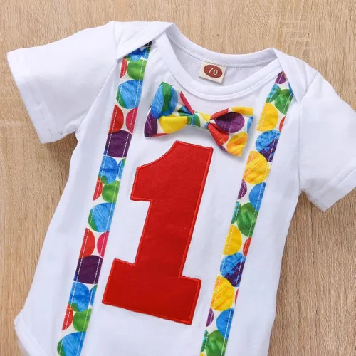 Vista 4 de Ropa divertida para el primer cumpleaños para bebé, ropa para bebé, corbatín, diseño de dinosaurio, conjunto de pantalones con tirantes