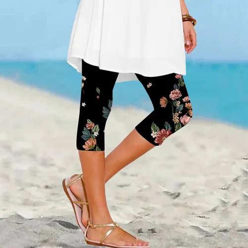 Vista 3 de Featur - Leggings de yoga recortados para mujer, cintura alta, pantalones capri elásticos con costuras de encaje, talla grande, pantalones