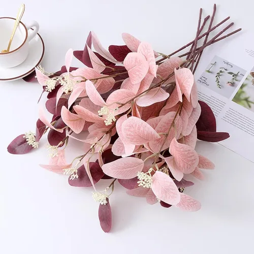 Vista 5 de Emivery 6 tallos de eucalipto rosa, ramas de hojas de eucalipto sintético, plantas artificiales, tallos de vegetación para relleno de jarrón, hogar
