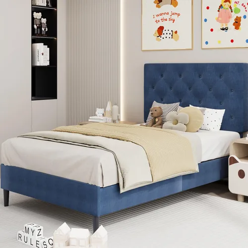 Vista 3 de BarnFurin Marcos de cama individual con cabecera capitoné con botones, cama de plataforma tapizada de lino con soporte de listones de madera, fácil