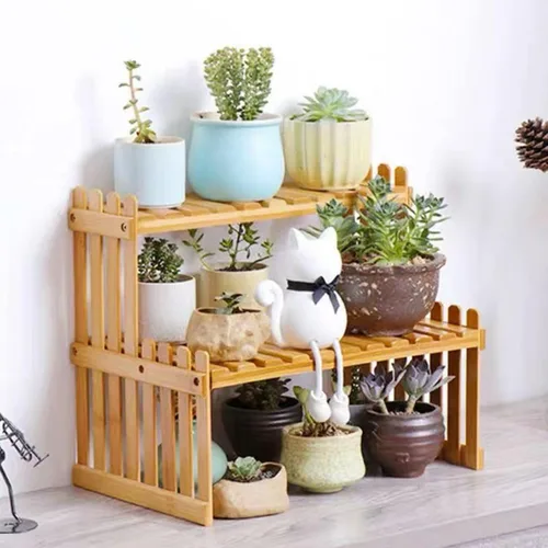 Vista 4 de Estante de plantas de bambú de 2 niveles de 14.6"/10.8"/18.5"/22.8", soporte para macetas de flores de escritorio, estante de escritorio ajustable