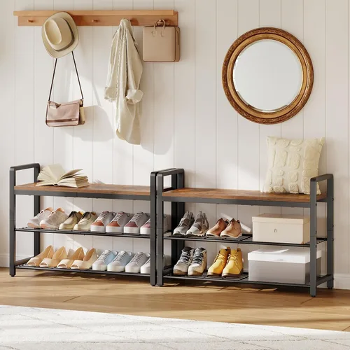 Vista 6 de HOOBRO Banco de zapatos para entrada, organizador industrial de almacenamiento de zapatos de 3 niveles con asas superiores y laterales de madera