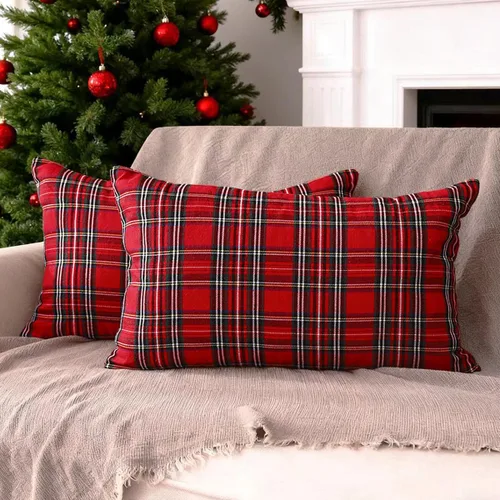 Vista 14 de Juego de 2 fundas de almohada lumbar de Navidad para exteriores de tartán Tartán lumbar marrón