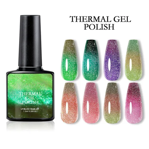 Vista 6 de Esmalte de uñas de gel que cambia de color de temperatura, esmalte de gel con purpurina, diseño holográfico de camaleón, diseño de arte de uñas