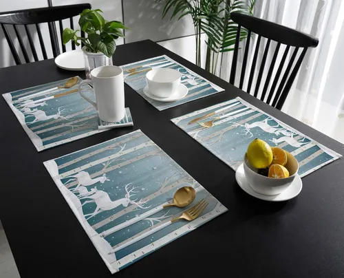 Vista 3 de Mantel individual de invierno para mesa de comedor, juego de 4 manteles individuales de Navidad, lino y algodón, impermeable, tapete individual