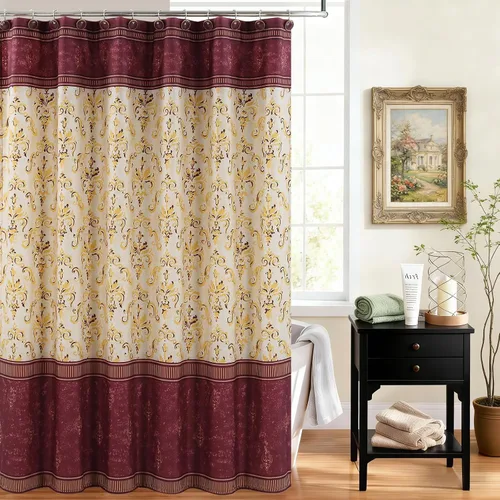 Vista 13 de Cortina de ducha de tela negra y beige, cortina de ducha con estampado de medallón vintage, cortina de baño decorativa impermeable, 72 pulgadas