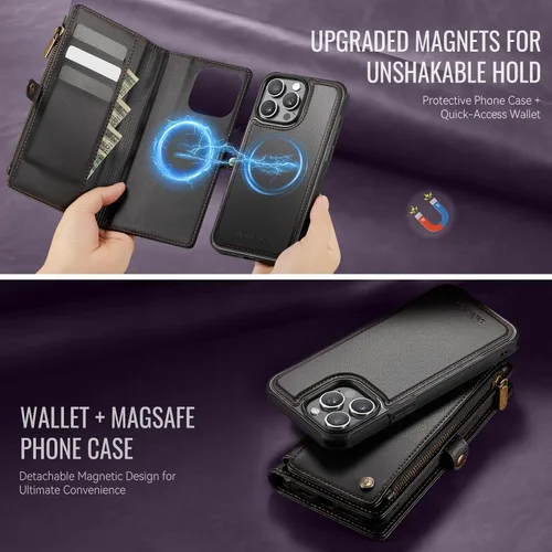 Vista 3 de Defencase Funda magnética para iPhone 13 Pro compatible con Magsafe con bloqueo RFID, correa de cremallera y tarjetero para mujer, funda de piel