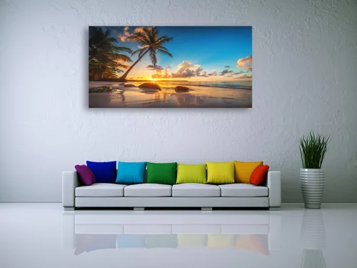 Vista 2 de Aibonnly - Pintura en lienzo de arte de pared, atardecer en una playa tropical con palmeras, 1 pieza, cielo azul, océano, vista al mar, póster