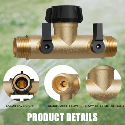 Vista 3 de YANWOO Divisor de manguera de jardín, metal resistente tipo T de 180 grados con válvulas de cierre, conectores de grifo de espita de alto flujo