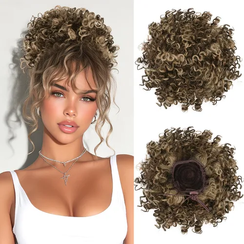 Vista 8 de PEACOCO - Piezas de pelo para moño desordenado para mujer, gran moño afro rizado elástico con cordón, moño de onda suelta sintético, extensión