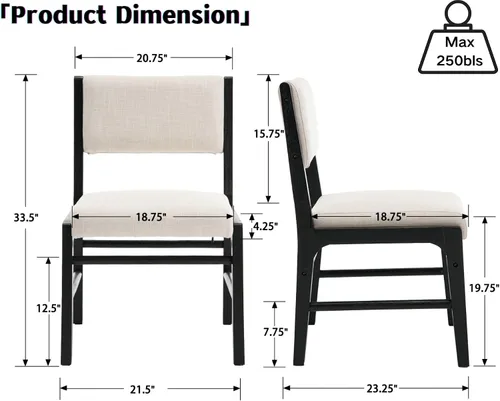 Vista 2 de HNY Juego de 2 sillas de comedor de lino beige con marco de madera negra, silla de cocina tapizada de tela moderna con respaldo rectangular, sillas