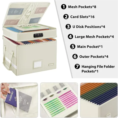 Vista 2 de Caja de archivos DocSafe con cerradura, caja de documentos ignífuga de múltiples capas, organizador de almacenamiento de archivos plegable con Beige