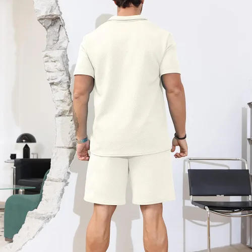 Vista 3 de Conjunto deportivo de 2 piezas con cremallera para hombre, camiseta polo y pantalones cortos, conjunto casual de verano de manga corta