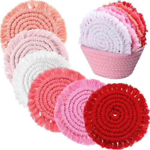 Vista 14 de Juego de 6 posavasos de algodón tejido bohemio absorbente con soporte para casa de campo, borla de macramé, regalo de inauguración de la casa