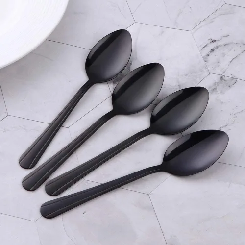 Vista 4 de MINGYU Juego de 12 cucharas de acero inoxidable, elegantes cucharas de sopa negras, cucharas de mesa de 7 pulgadas, cucharas de titanio