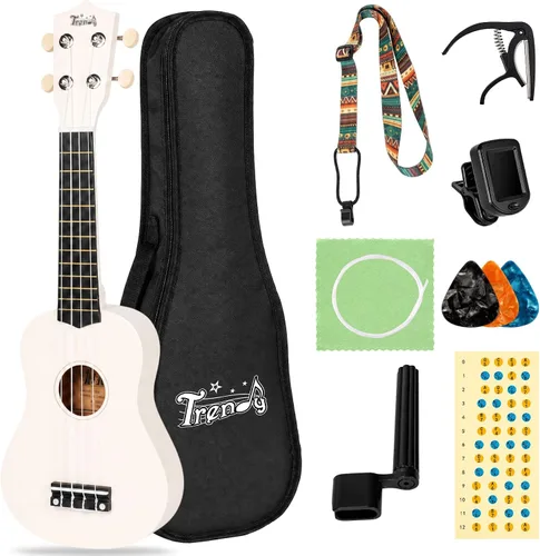 Vista 14 de Trendy Ukelele soprano de 21 pulgadas negro kit para principiantes bolsa de transporte afinador correa de cuerda cuadrada diapasón pegatinas ukelele