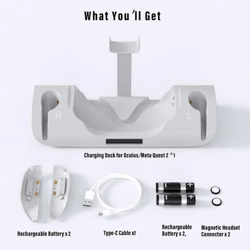 Vista 7 de Base de carga mejorada con luz LED para Oculus Quest 2, estación de carga con 2 baterías recargables para accesorios Meta Oculus Quest 2, soporte