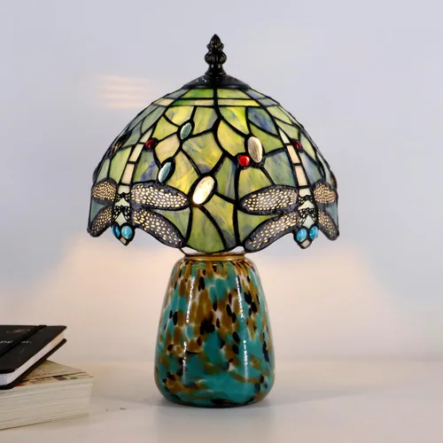 Vista 3 de Lámpara de mesa de hongo Tiffany estilo libélula lámpara de acento de vidrio teñido azul marino base de vidrio marrón azul 8X8X12 pulgadas