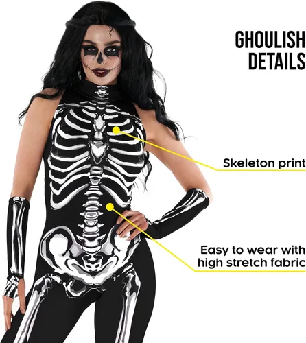 Vista 2 de Morph - Disfraz de esqueleto sin mangas para mujer, disfraz de esqueleto para mujer, disfraz de esqueleto de Halloween para mujer